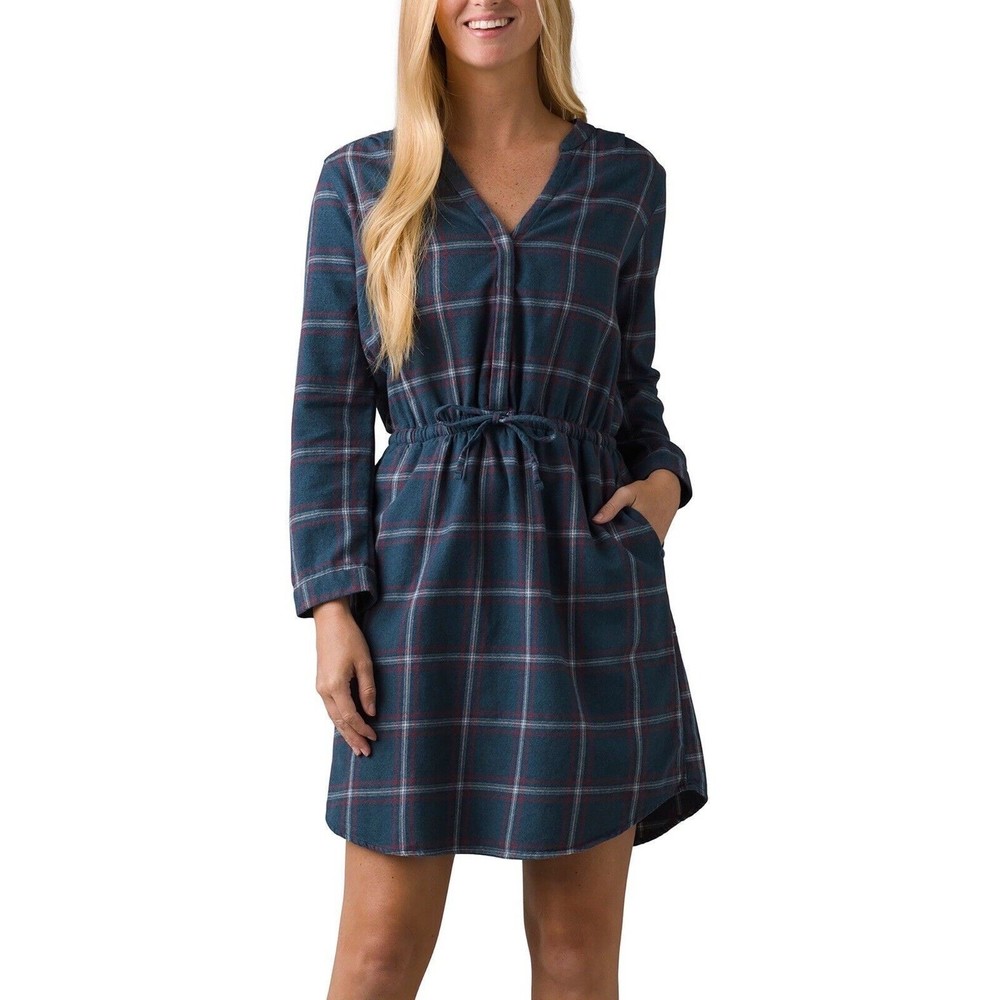 New Prana Women’s Loop to Pines Organic Cotton Flannel Dress Deep Stellar S‎